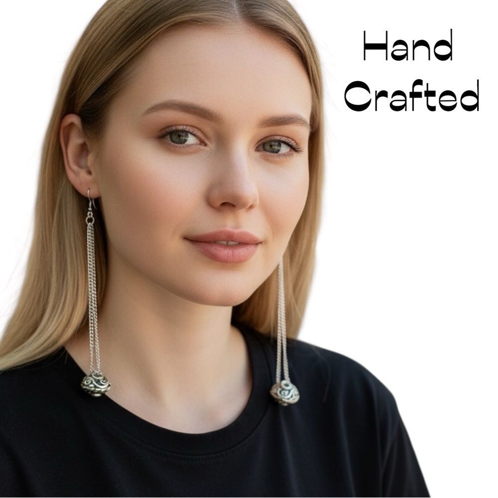 Hand Crafted Antique Silver Bead With Silver Chain Earrings NWT Cowgirl Chic
